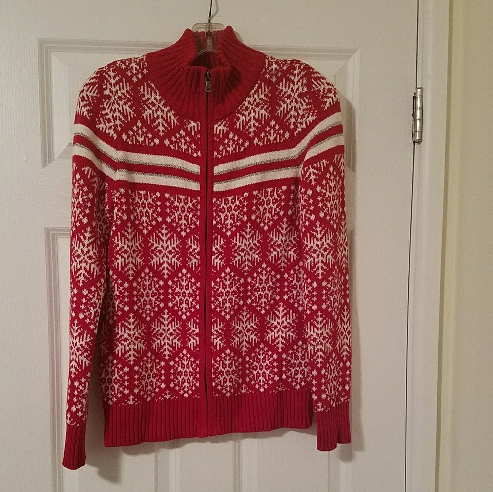 Talbots Red and White Snowflake Zip Sweater